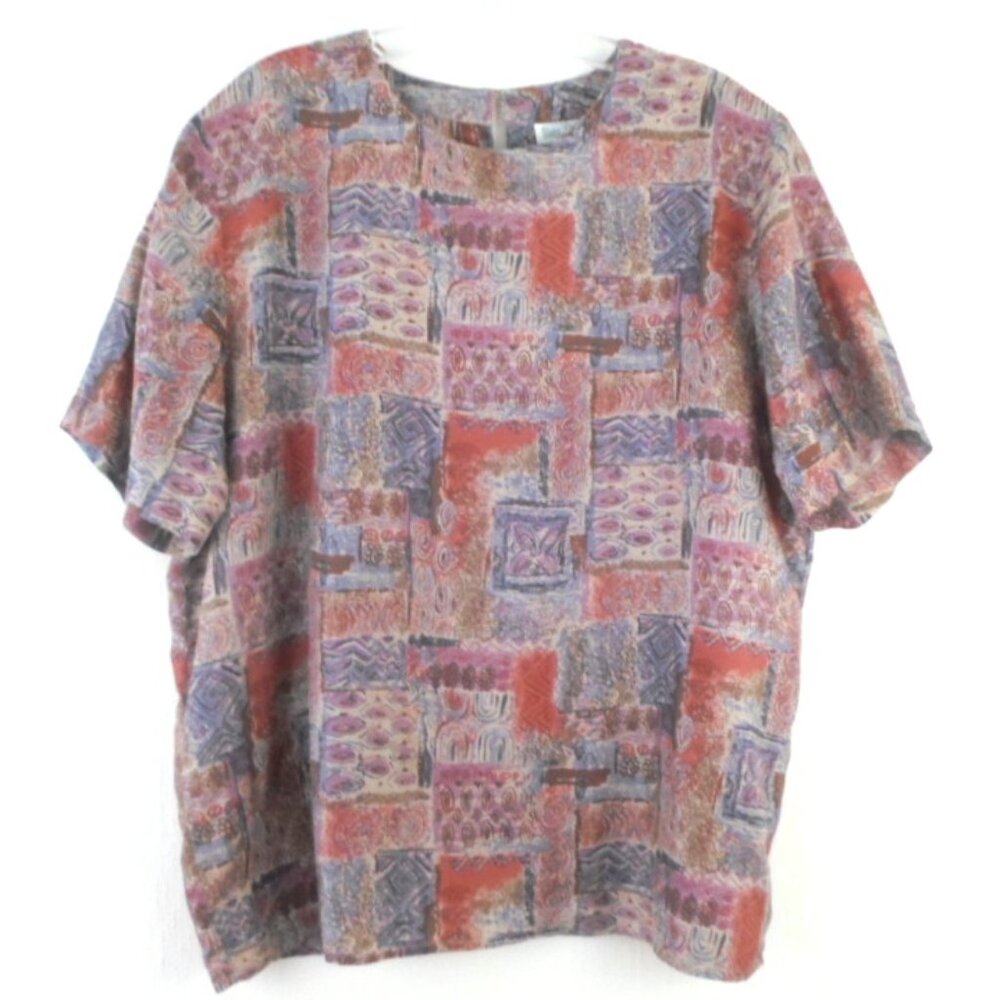 Vintage Sara Stephen 100% Silk Patchwork Print Short Sleeve Pullover Blouse